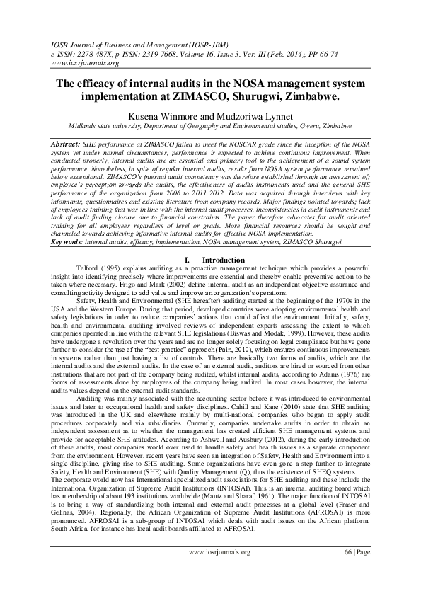 (PDF) The efficacy of internal audits in the NOSA management system ...