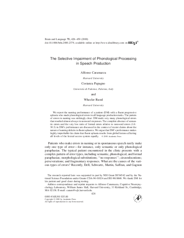 (PDF) The Selective Impairment of Phonological Processing in Speech ...