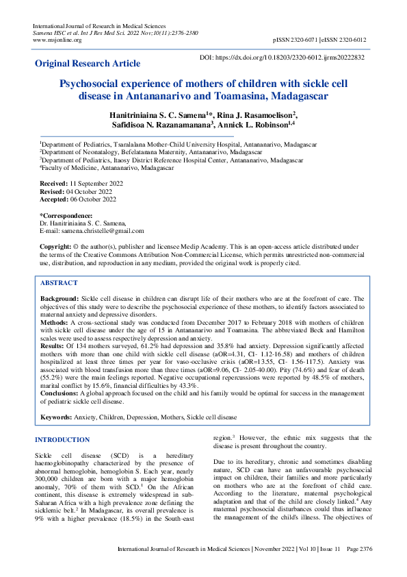 (PDF) Psychosocial experience of mothers of children with sickle cell ...