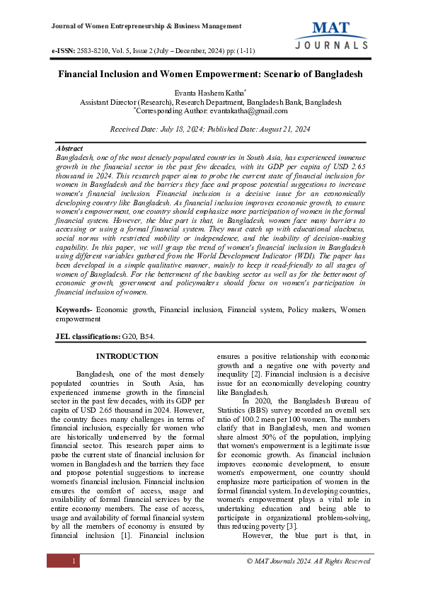 (PDF) Financial Inclusion and Women Empowerment: Scenario of Bangladesh