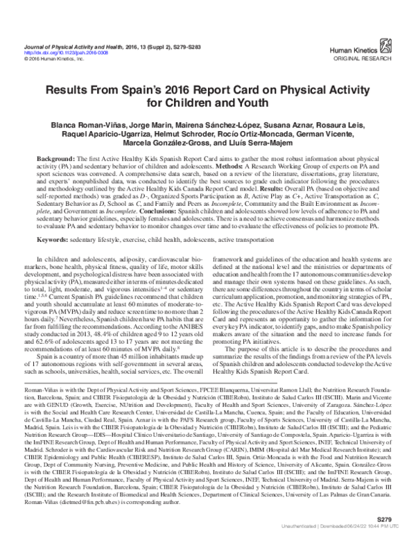 (PDF) Results From Spain’s 2016 Report Card on Physical Activity for ...
