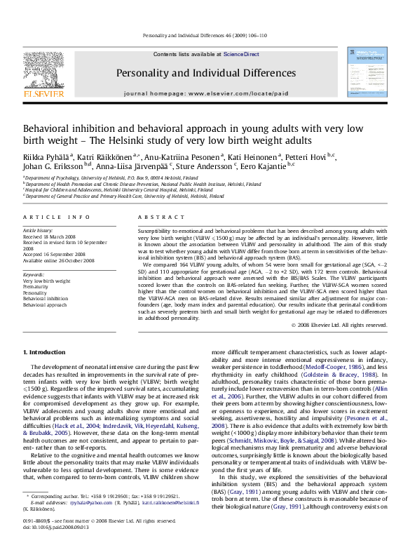 (PDF) Behavioral inhibition and behavioral approach in young adults ...