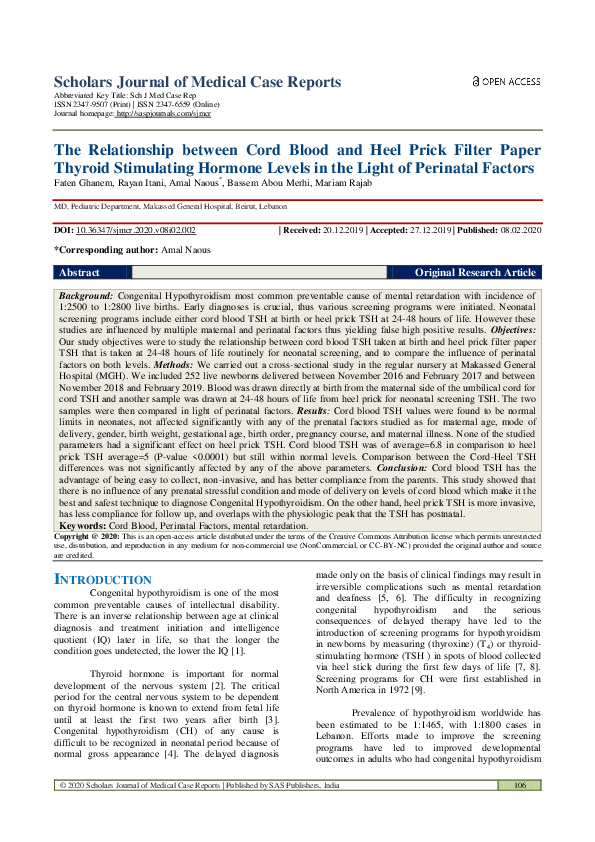 (PDF) The Relationship between Cord Blood and Heel Prick Filter Paper ...
