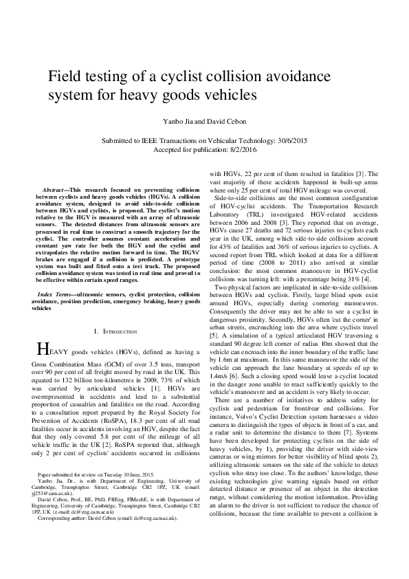 (PDF) Field Testing of a Cyclist Collision Avoidance System for Heavy ...