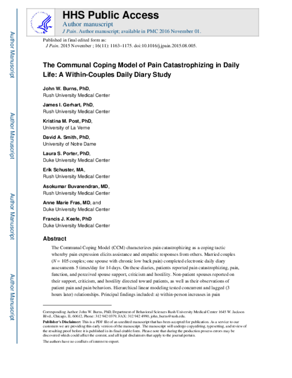 (PDF) The Communal Coping Model of Pain Catastrophizing in Daily Life ...