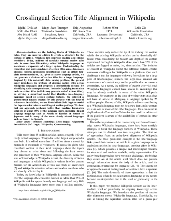 (PDF) Crosslingual Section Title Alignment in Wikipedia