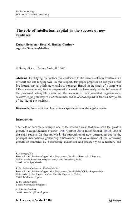 (PDF) The role of intellectual capital in the success of new ventures