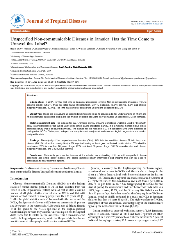 (PDF) Unspecified Non-communicable Diseases in Jamaica: Has the Time ...