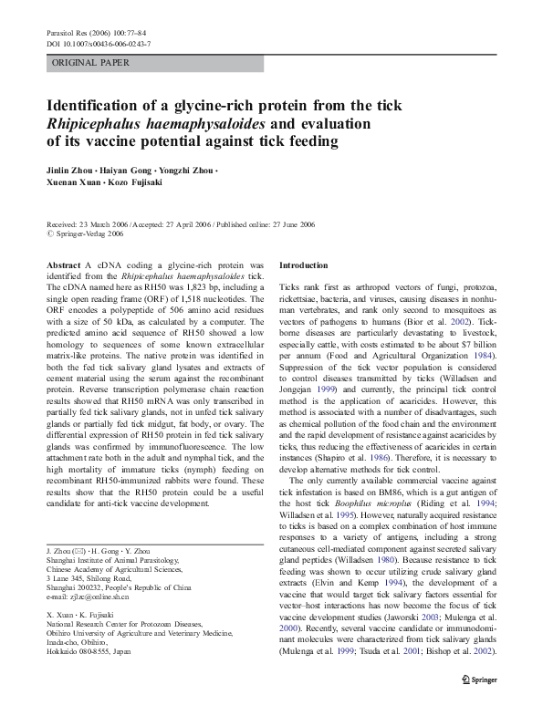 (PDF) Identification of a glycine-rich protein from the tick ...
