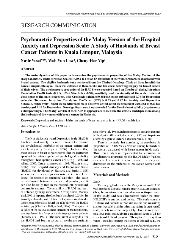 (PDF) Psychometric properties of the Malay Version of the hospital ...