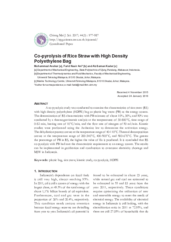 (PDF) Co-pyrolysis of rice straw with high density polyethylene bag
