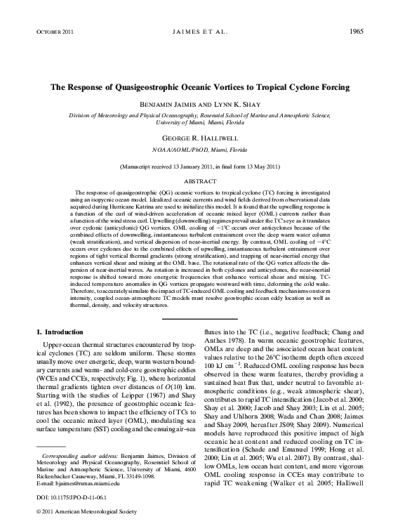 (PDF) The Response of Quasigeostrophic Oceanic Vortices to Tropical ...