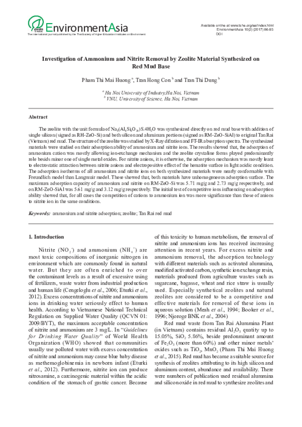 (PDF) Investigation of Ammonium and Nitrite Removal by Zeolite Material ...