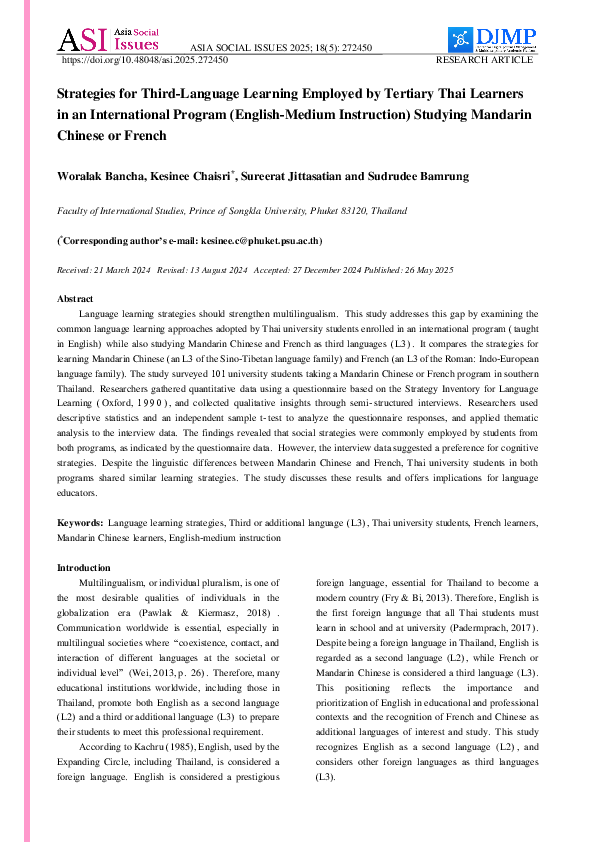 (PDF) Strategies for Third-Language Learning Employed by Tertiary Thai ...