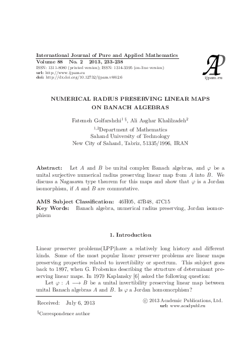 (PDF) Numerical Radius Preserving Linear Maps