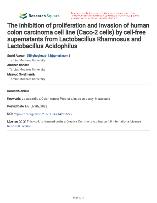 (PDF) The inhibition of proliferation and invasion of human colon ...