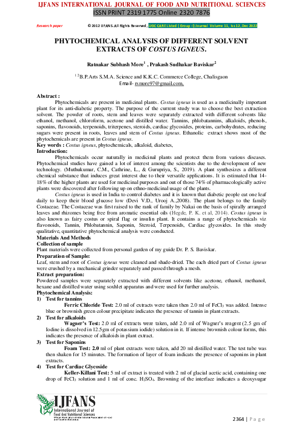 (PDF) PHYTOCHEMICAL ANALYSIS OF DIFFERENT SOLVENT EXTRACTS OF COSTUS ...