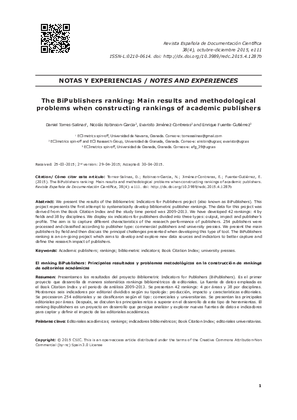(PDF) The BiPublishers ranking: Main results and methodological ...