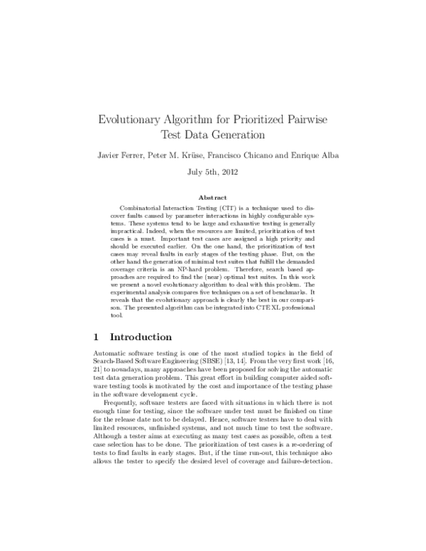 (PDF) Evolutionary algorithm for prioritized pairwise test data generation