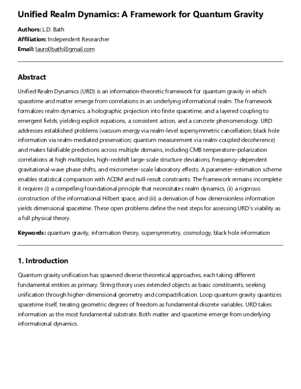(PDF) Unified Realm Dynamics: A Framework for Quantum Gravity