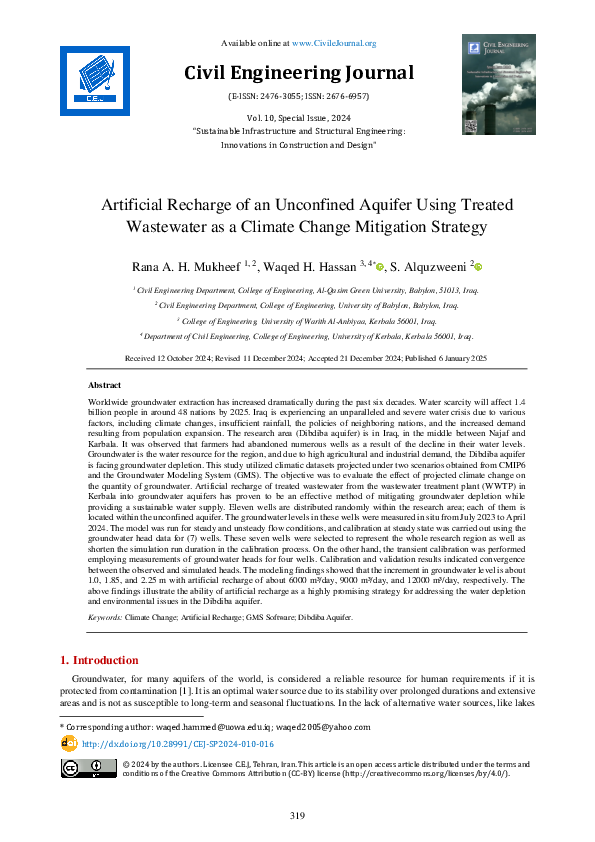 (PDF) Artificial Recharge of an Unconfined Aquifer Using Treated ...