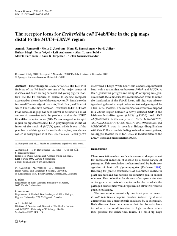 (PDF) The receptor locus for Escherichia coli F4ab/F4ac in the pig maps ...