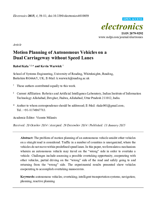 (PDF) Motion Planning of Autonomous Vehicles on a Dual Carriageway ...