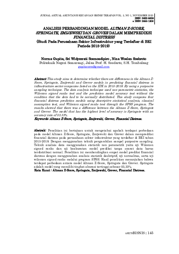 (PDF) Analisis Perbandingan Model Altman Z-Score, Springate, Zmijewski ...