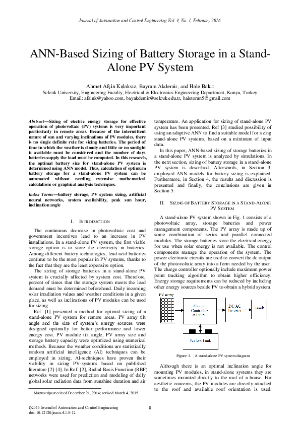 (PDF) ANN-Based Sizing of Battery Storage in a Stand-Alone PV System