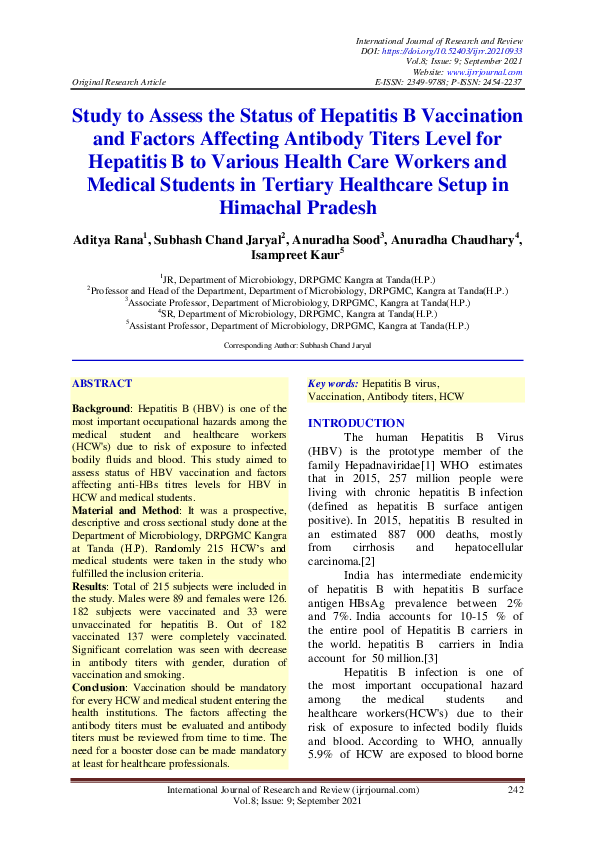 (PDF) Study to Assess the Status of Hepatitis B Vaccination and Factors ...