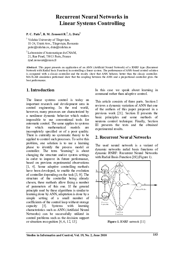 (PDF) Recurrent Neural Networks in Linear Systems Controlling