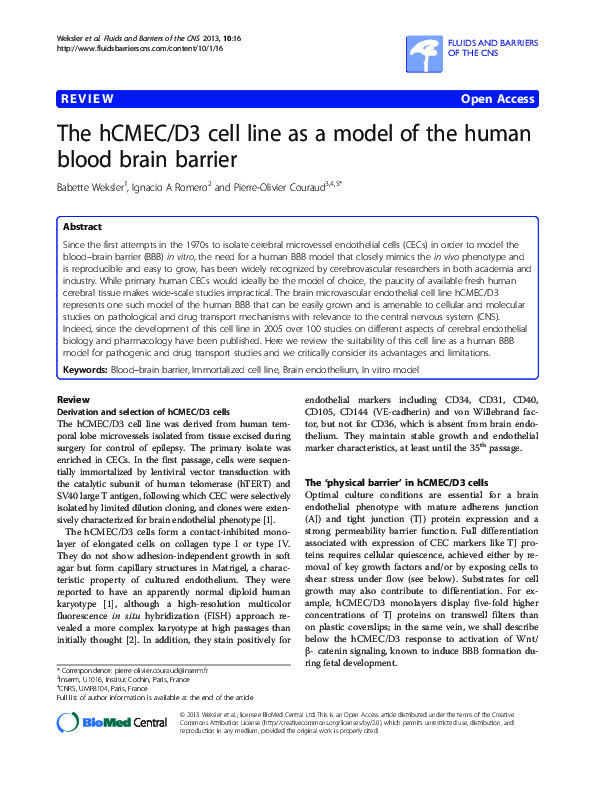 (PDF) The hCMEC/D3 cell line as a model of the human blood brain barrier