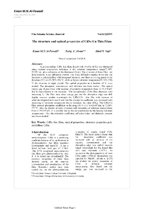 (PDF) The structure and optical properties of CdSe:Cu Thin Films