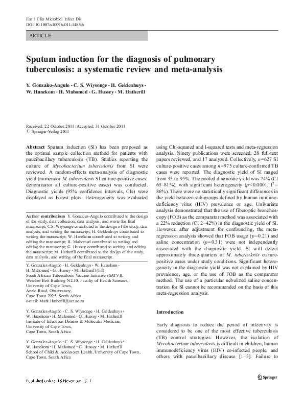 (PDF) Sputum induction for the diagnosis of pulmonary tuberculosis: a ...
