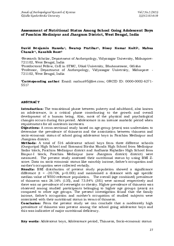 (PDF) Assessment of Nutritional Status Among School Going Adolescent ...