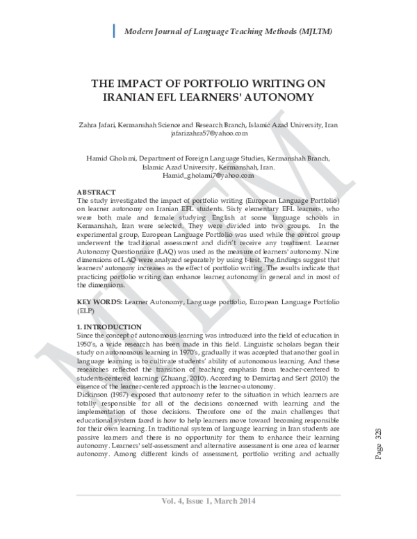 (PDF) THE IMPACT OF PORTFOLIO WRITING ON IRANIAN EFL LEARNERS' AUTONOMY