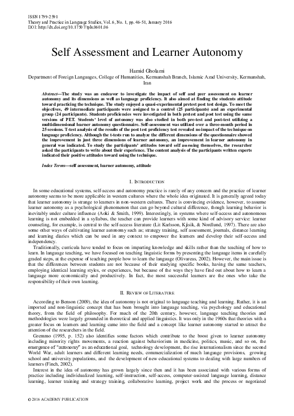 (PDF) Self Assessment and Learner Autonomy