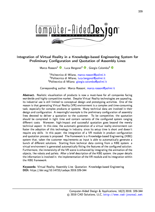 (PDF) Integration of Virtual Reality in a Knowledge-based Engineering ...