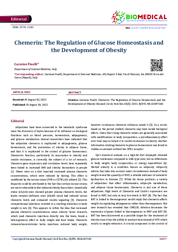 (PDF) Chemerin: The Regulation of Glucose Homeostasis and the ...