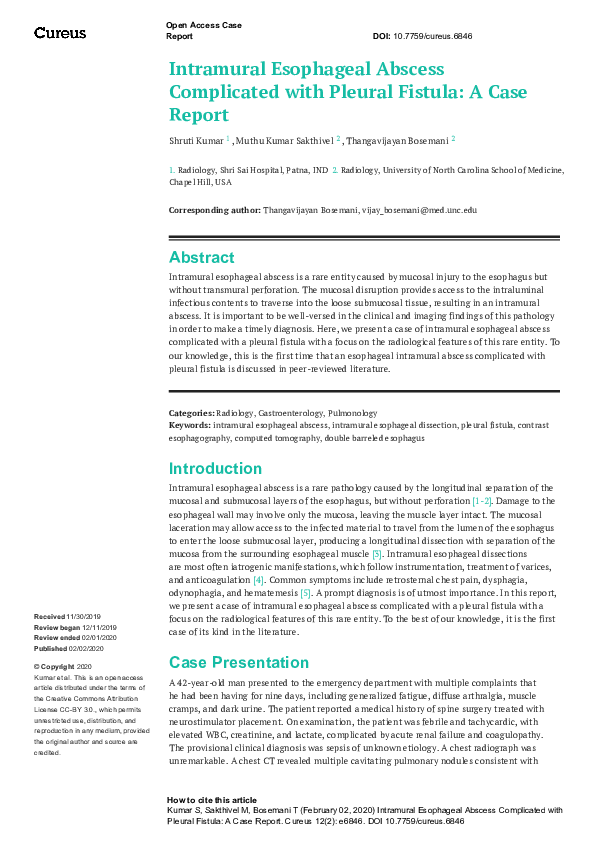 (PDF) Intramural Esophageal Abscess Complicated with Pleural Fistula: A ...