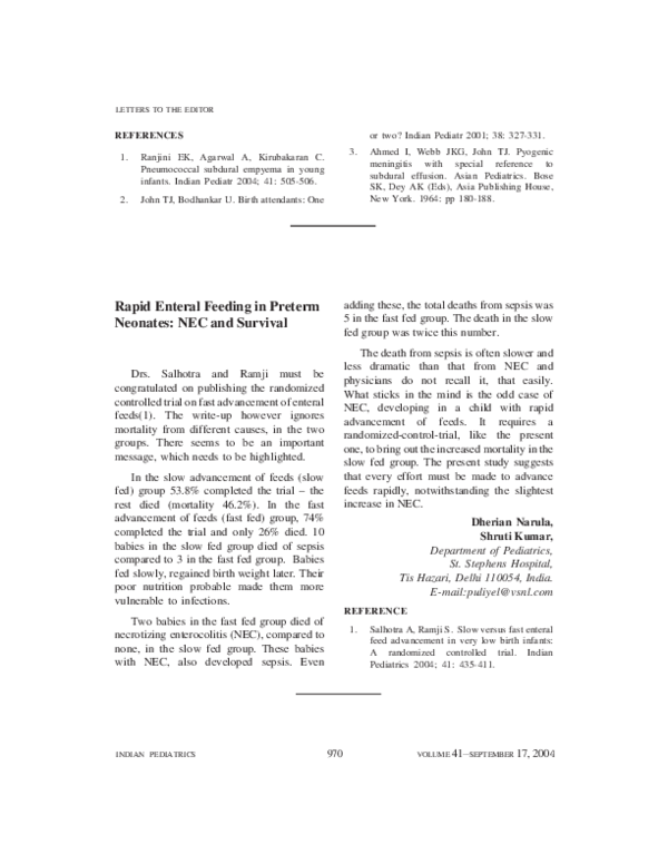 (PDF) Rapid enteral feeding in preterm neonates: NEC and survival