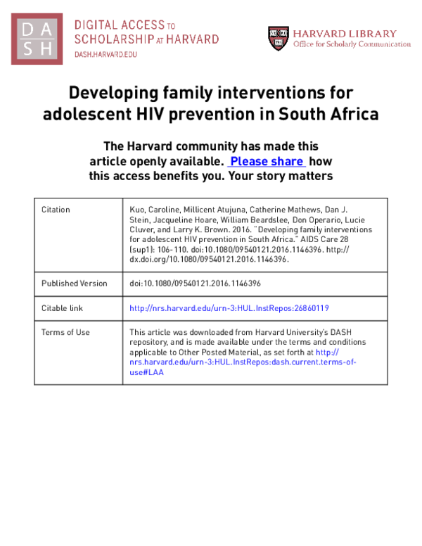 (PDF) Developing family interventions for adolescent HIV prevention in ...