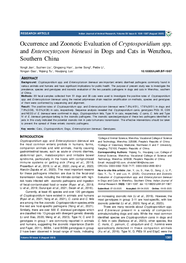 (PDF) Occurrence and Zoonotic Evaluation of Cryptosporidium spp. and ...