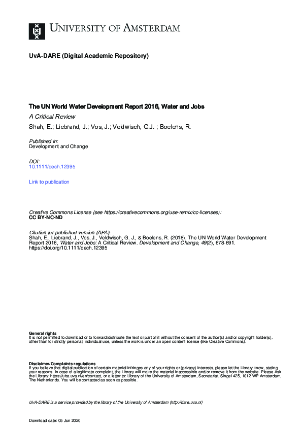(PDF) The UN World Water Development Report 2016, Water and Jobs: A ...