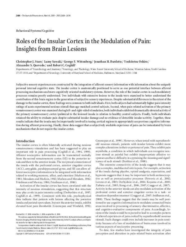 (PDF) Roles of the Insular Cortex in the Modulation of Pain: Insights ...