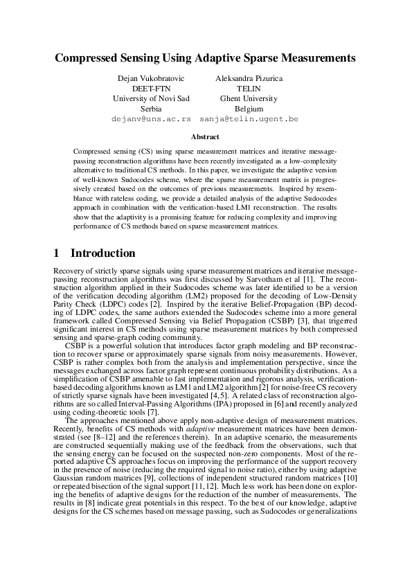 (PDF) Compressed sensing using sparse adaptive measurements
