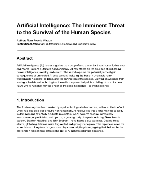 (PDF) Artificial Intelligence: The Imminent Threat to the Survival of ...