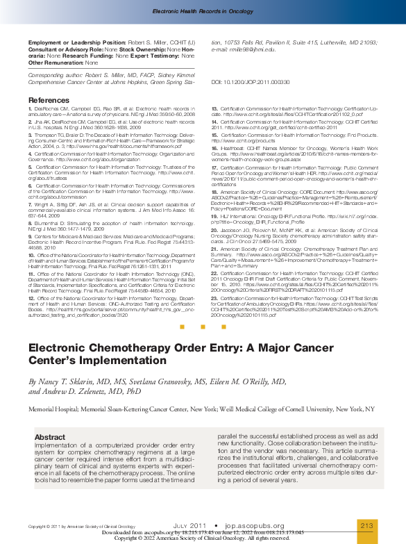 (PDF) Electronic Chemotherapy Order Entry: A Major Cancer Center's ...