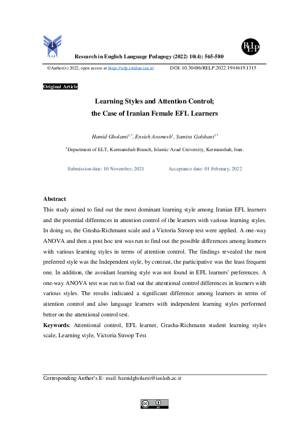(PDF) Learning Styles and Attention Control; the Case of Iranian Female ...