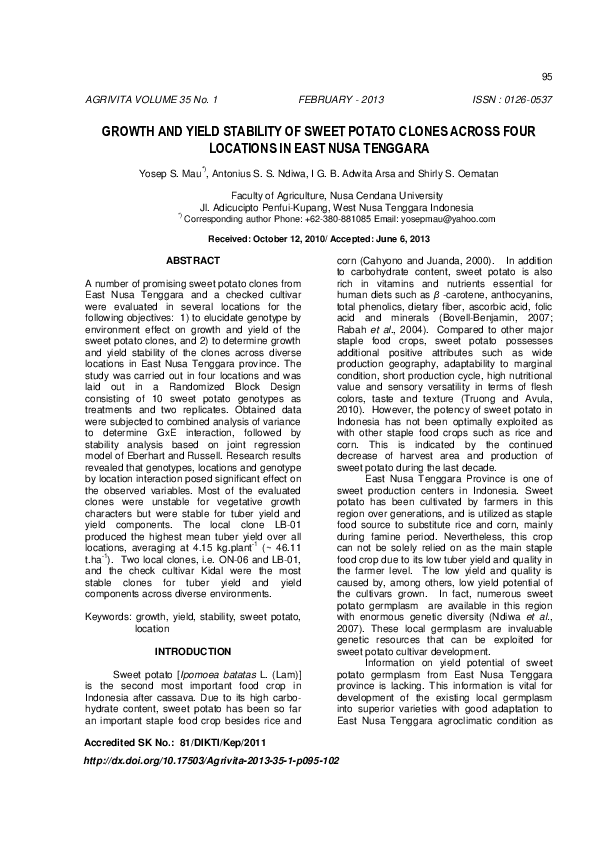 (PDF) Growth and Yield Stability of Sweet Potato Clones Across Four ...